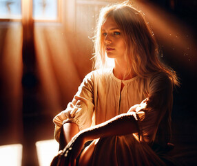 A girl in a white spacious dress sits in the rays of the sun in a room.