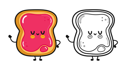 Funny cute happy Toast piece of bread with jam characters bundle set. Vector hand drawn cartoon kawaii illustration. Cute Toast piece of bread with jam. Outline cartoon illustration for coloring book