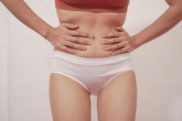 Close-up of woman wearing white panties On a white background about menstruation, cervical cancer, ovarian cancer.