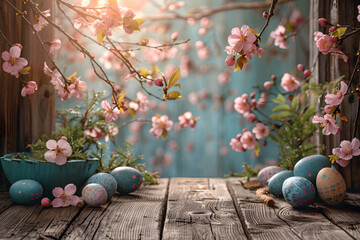 Easter eggs on wooden table with cherry blossoms in rustic setting. Springtime holiday concept with copy space for greeting card, invitation - obrazy, fototapety, plakaty