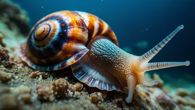 Beautiful underwater sea snail detailed close up shot.  AI Generated image of aquatic animal on sea floor.