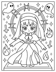 Kawaii girl nun, ghosts, barbed wire.Coloring book for children. Coloring book for adults. Halloween.