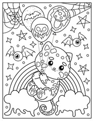 Cute tiger and balloons, rainbow. Coloring book for children. Coloring book for adults. Halloween.