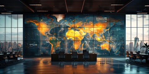 World map displayed on large video wall in corporate media studio. Concept Corporate Setting, World Map, Video Wall Display, Media Studio, Visual Communication