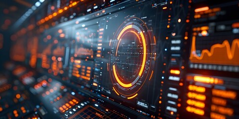 Fototapeta premium Technology Concept: Digital Displays with Data Analysis and Network Communication Symbols. Concept Digital Displays, Data Analysis, Network Communication, Technology Concept, Symbols