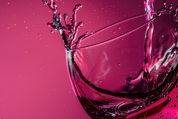 close up of black colored red wine splashing into a glass