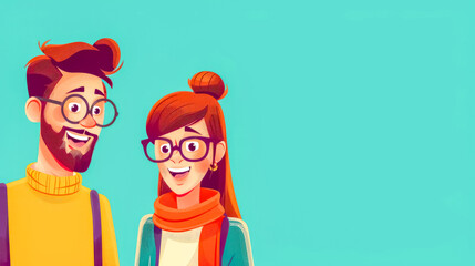 Vibrant illustration of a stylish hipster couple with smiling expressions