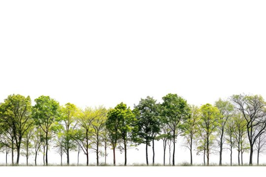 more than forty trees in a row on a white background