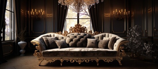 A fancy couch with intricate designs sits in a dimly lit room, accompanied by a sparkling chandelier hanging above it. The luxurious setting exudes sophistication and elegance.