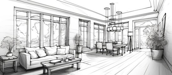 This hand-drawn sketch depicts a living room with couches and tables. The linear drawing showcases the arrangement of furniture in the room, including multiple couches and side tables.