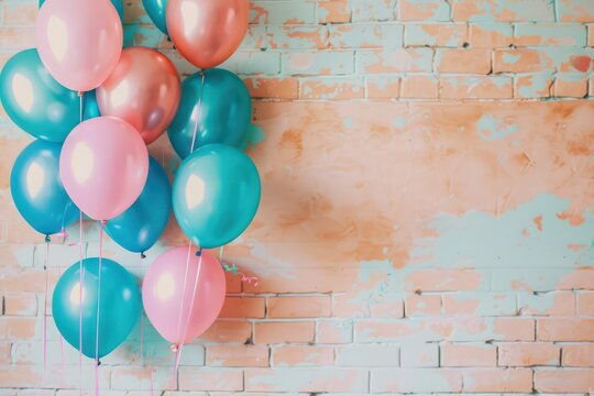pink and blue balloons decorating the wall for birthday bash image