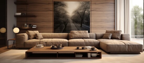 A modern living room featuring a large brown couch takes center stage, with a striking painting hanging on the wall behind it. The room is tastefully decorated and inviting.
