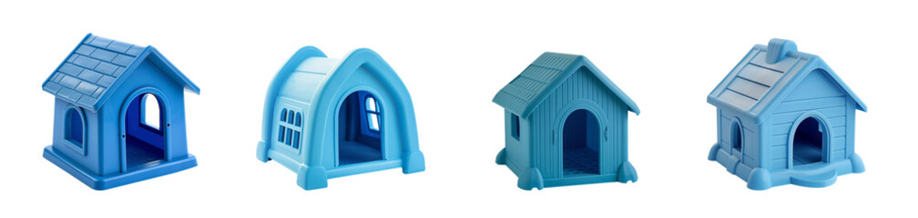 Set of blue toy houses. Pet house. Plastic Kennel for pets. Toy house for children to play in. With door entrance, windows, rooftop. Many models and styles. Doghouse, cat house. 