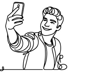 Fototapeta na wymiar continuous one black line art drawing cheerful young man holding smartphone to taking acting selfie or video call through mobile phone outline doodle vector family travel concept