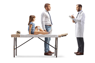 Father and child with leg injury talking to a doctor