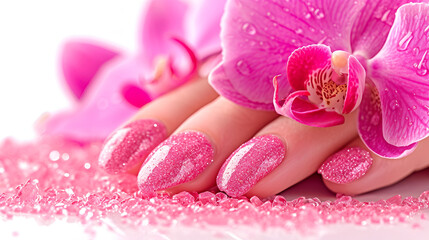 pink manicure and pedicure with a orchid flower. generative ai