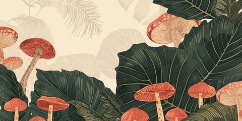 Vintage Poster Botanical Mushrooms in Muted and Soft Colors, Old Prints of the 1940s. Vintage Paper Background and Soft Ink Color Palette of the 1940 New Yorker Cover.