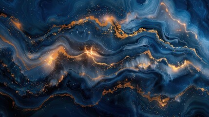Fototapeta premium Abstract background of marble slab with interweaving dark blue shades with wavy lines gold powder. Dark marble slab or grunge stone