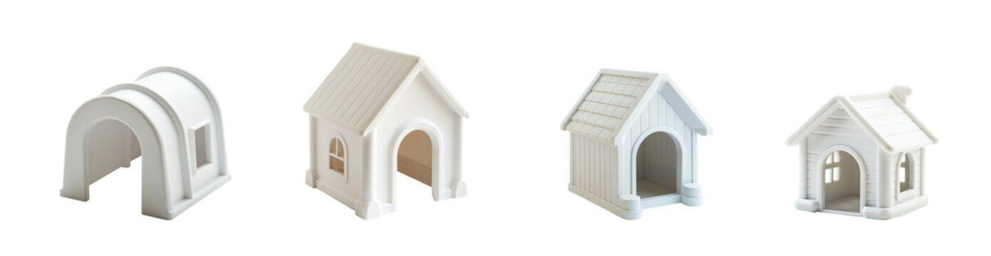 Set of white toy houses. Pet house. Plastic Kennel for pets. Toy house for children to play in. With door entrance, windows, rooftop. Many models and styles. Doghouse, cat house. 