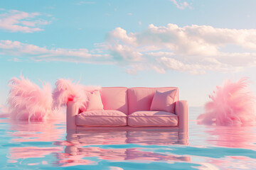 Surreal pink sofa on tranquil water under pastel sky.