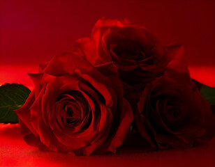Beautiful red rose flowers on red background. Flat lay, neon lights, close up