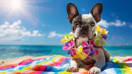A French Bulldog wearing a colorful lei on a beach towel under the sun, with a clear blue sky and ocean in the background. - obrazy, fototapety, plakaty
