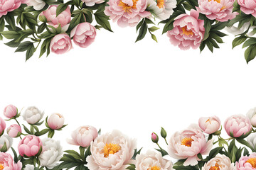 border frame of flowers and leaves with blank text space isolated on transparent background - obrazy, fototapety, plakaty