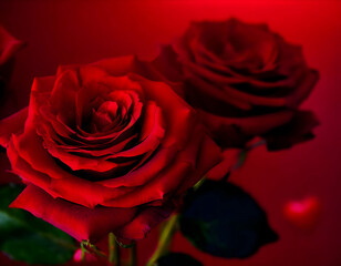 Beautiful red rose flowers on red background. Flat lay, neon lights, close up