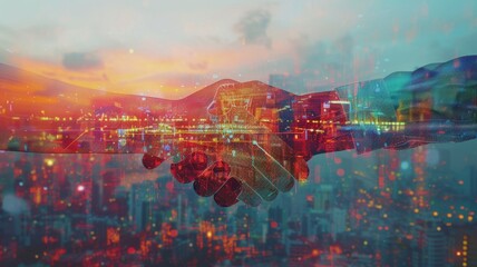 Close-up of abstract handshake with digital pattern on a modern city background. Teamwork, business partnership and innovation concept. Double exposure effect.