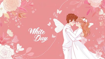 White Day poster, hand drawn in the cartoon characters and text White day, simple background