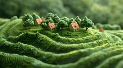 Stof per meter Escapism in nature. A small forest of houses surrounded by unusual fields and plantations. Fantasy picture on the theme of landscaping residential areas. © emerald17