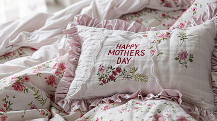 Happy Mothers Day linen ruffle handstitched floral cushion on pretty bed with handmade embroidery words flower pastel crafting mom pillow in bedroom home occasion campaign blog copy space for text