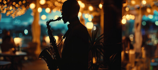 silhouette of a man playing the saxophone. jazz cafe. musician - obrazy, fototapety, plakaty