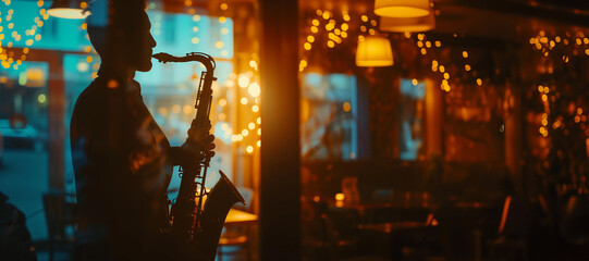 silhouette of a man playing the saxophone. jazz cafe. musician - obrazy, fototapety, plakaty