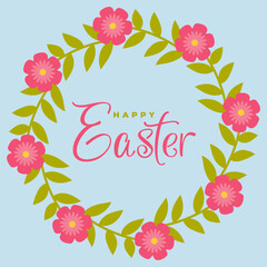 Happy Easter wreath with pastel collor flowers, hand drawn . Decorative frame of spring flowers, inscription Happy Easter for banner, print, card.