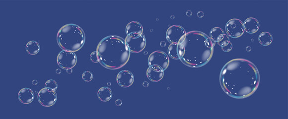 Realistic soap vector bubbles png isolated on transparent background. The effect of falling and flying bubbles. Glass bubble effect.	
