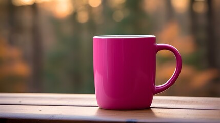Close up of a fuchsia Mug on a wooden Table in a Forest. Blurred natural Background - obrazy, fototapety, plakaty