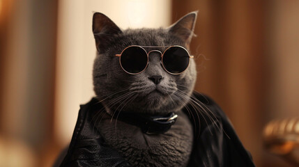 A chic charcoal cat with sophisticated cat-eye sunglasses and a sleek black cover-up, exuding...