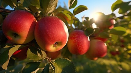 close up portrait of ripe red apple with sunlight and apple orchard in the background with clear sky - obrazy, fototapety, plakaty