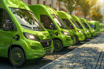 Green electric delivery vans charging in a row. - obrazy, fototapety, plakaty