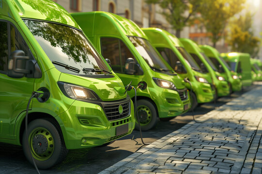 Fototapeta Green electric delivery vans charging in a row.
