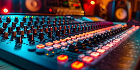 Professional music studio equipment mixing console in a live streaming session. Concept Music Production, Live Streaming, Mixing Console, Professional Equipment, Studio Setup