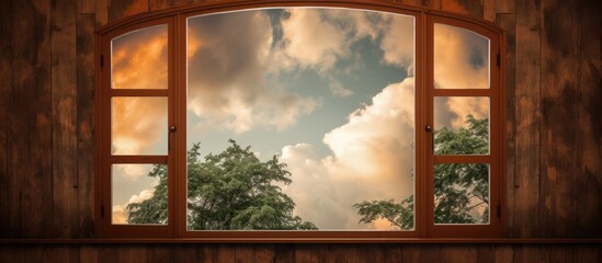 An open window reveals a cloudy sky outside. The clouds are thick and grey, covering most of the sky. The window frame and glass are visible in the foreground.