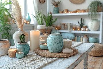 Fototapeta na wymiar Table is decorated with a variety of plant, candles, and other items. Scene is calm and relaxing, with the candles providing a warm and inviting atmosphere. The table is set with a blue vase