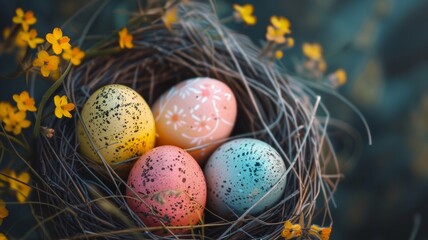 Colorful hand painted Easter eggs in the bird's nest and a blooming branch on a dark background. Easter decoration, banner, panorama, background with copy space for text. Happy Easter.