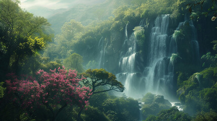 The beautiful waterfall at deep tropical rainforest