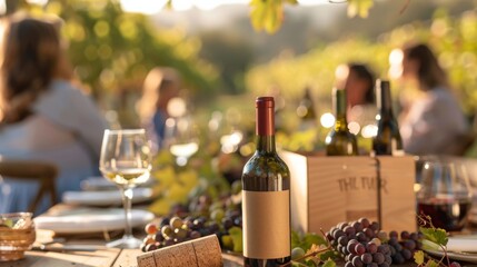 An elegant outdoor dining table is set in a vineyard at golden hour, complete with fine wine bottles and glasses, wine tasting