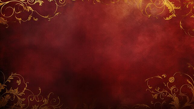A vintage maroon background with ornate golden flourishes creates a classical elegance, ideal for sophisticated branding and elegant event invitations with ample space for text.