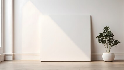 A mockup of a blank art canvas positioned on a laminate floor leaning against a pristine white wall ai generated  - obrazy, fototapety, plakaty