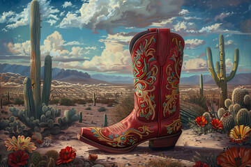 
red cowboy boots against a desert background with cacti - obrazy, fototapety, plakaty